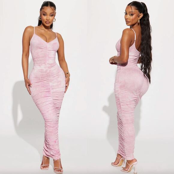 2/$30 NWT Fashion Nova Priscilla Tie Dye Maxi Dress Pink Ruched Bodycon Size M - Picture 1 of 11